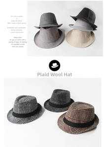 Detail view of plaid fedora and denim jazz hats with black satin decorative ribbon bands