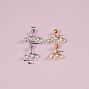 Gold and silver stainless steel cartilage studs with 3 or 5 cubic zirconia stones