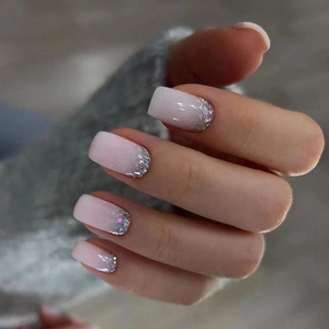 Press On Nails French Gradient Nude Pink With Silver Glitter Shimmer Square Shape Medium Long Simple Elegant