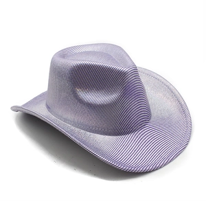 Detail view of purple and silver striped cowboy hat with shimmering metallic texture