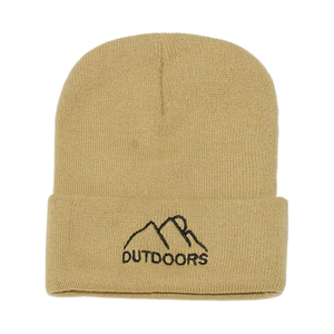 Detail of embroidered mountain peaks and OUTDOORS text on khaki ribbed knit beanie hat