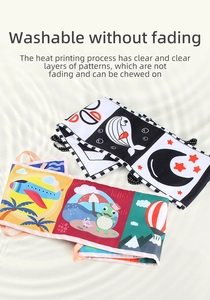 Washable high-contrast baby cloth books with heat printing details and bite-safe fabric