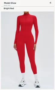 Detailed front view of high-elasticity red long sleeve yoga jumpsuit with front zipper