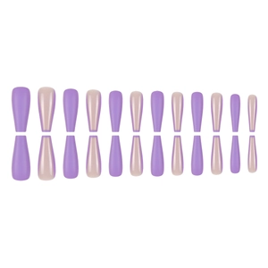 Set of 24 purple long coffin press-on nails featuring solid gloss and French tip designs