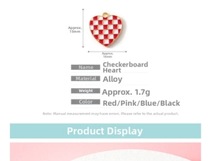 Macro detail of alloy checkerboard heart pendant with drip oil finish and size measurements