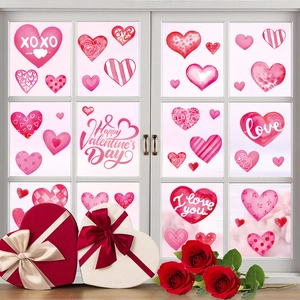 Watercolor Valentine heart window decals with Happy Valentine's Day and XOXO text design