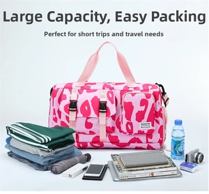 Pink animal print travel bag detail showing large capacity with clothes and essentials