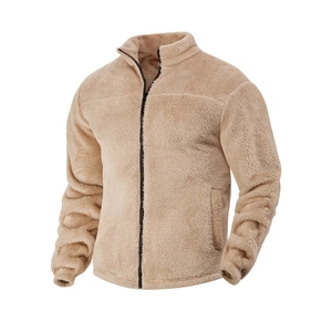 Detailed view of camel fleece jacket with stand collar and contrasting black zipper