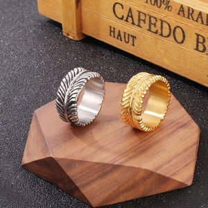 Men Vintage Feather Ring 316L Stainless Steel Punk Leaf Pattern Wide Band Jewelry Gift