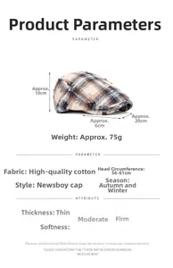 Spécifications de taille pour casquette plate à carreaux vintage avec détails du coton