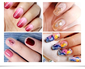 Detailed collage of floral and glitter nail art designs created with precision brushes