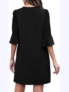 Back view of a chic black V-neck mini dress featuring elegant three-quarter flare sleeves