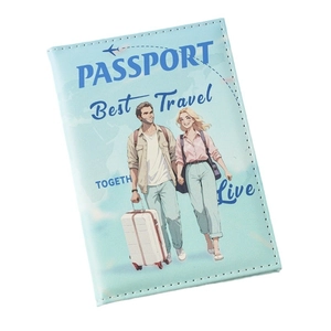 Light blue faux leather passport cover with UV printed couple travel illustration
