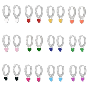 Set of 12 pairs of silver hoop earrings with multi-colored heart-shaped pendants