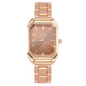 Fashionable rose gold square quartz watch with crystal indices and steel link strap