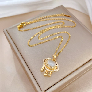 Golden Ruyi long life lock necklace with white gemstone and cubic zirconia accents