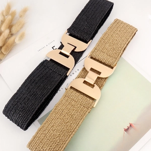 Women Elastic Woven Corset Belt Alloy Geometric Buckle Fashion Simple Solid Color PU Leather Wide Waistband For Dresses