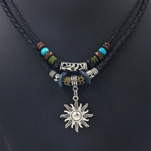 Sun Pendant Necklace Men Retro Double Layer Braided Leather Rope Wood Beads Ethnic Tribal Style