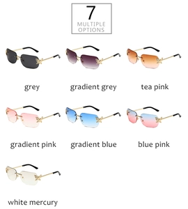 Close-up of butterfly rimless sunglasses with rhinestone details in seven color options