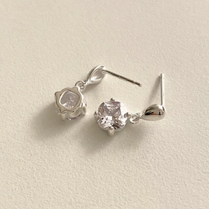 Macro view of S925 sterling silver stamp on four-prong round zircon stud earrings