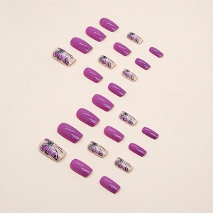 Glossy purple butterfly press-on nails with short square gradient design set
