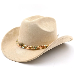 Detail of beige suede cowboy hat with colorful beads and ethnic gemstone decoration