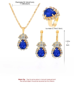 Detailed size specifications for gold alloy jewelry set with blue water-drop rhinestones
