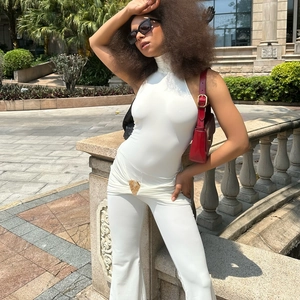 Sexy Halter Neck Jumpsuit Sleeveless Backless Ruched Waist Gold Buckle Detail Flared Long Pants Slim Fit Streetwear