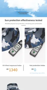UV protection test showing 99% blocking rate on a camo mesh breathable outdoor sun hat