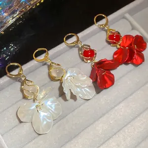 Elegant floral petal pearl tassel drop earrings in vintage French style gold finish