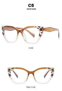 Detailed side and front views of cat-eye glasses with brown tortoiseshell and clear frames
