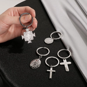 Silver stainless steel religious keychain with Saint Christopher medal and cross charms