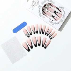 French bow long coffin press-on nails set with silver rhinestones and nail file kit
