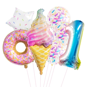 Detail set of ice cream and donut foil balloons with number one for first birthday deco