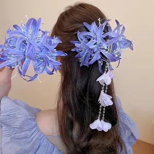 Pince À Cheveux Fleur De Lys Araignée Violette Avec Long Gland Tissu Élégant Éthéré Accessoire Pour Femmes