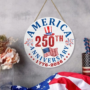 America 250th Anniversary Round Wooden Hanging Sign Patriotic Door Wall Decor Independence Day Red White Blue