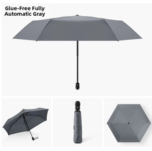 Grey fully automatic folding umbrella showing open, half-open and closed positions
