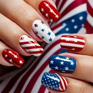 Glossy Press On Nails USA Flag Stars And Stripes Design ABS Material Independence Day Party Accessories Square Shape