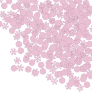 Close-up of pink snowflake and round confetti pieces on a clean white background