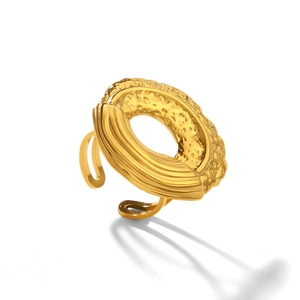 Detailed close-up of golden geometric ring with hammered texture and pleated surface