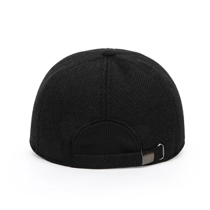 Rear view of black textured baseball cap with ear protection and metal adjustment strap