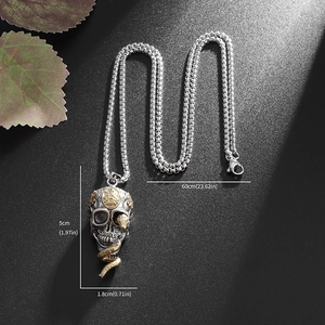 Gothic skull and golden snake pendant necklace with silver box chain, dark hip hop style