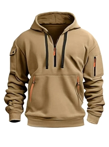 Tactical khaki hoodie with multiple sleeve pockets, half-zip neck and ribbed cuffs