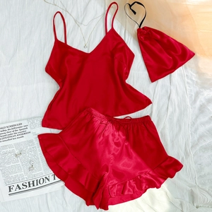 Women Satin V Neck Cami Top Ruffle Shorts Drawstring Bag Sleepwear Home Wear