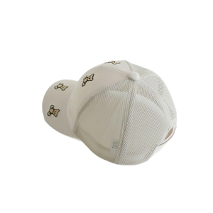 Beige mesh baseball cap with embroidered bear patterns and breathable design for kids