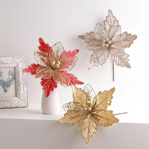 Artificial Poinsettia Flowers Glitter Mesh Velvet Christmas Tree Decorations Holiday Party Home Ornaments