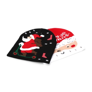 Christmas knit beanies featuring Santa Claus designs and festive jacquard patterns