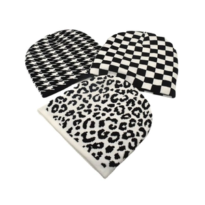 Autumn winter knitted beanies featuring houndstooth, checkerboard, and leopard patterns