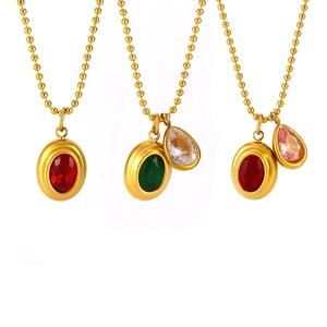 Goldene Kugelkette Halskette mit bunten Wassertropfen Zirkon Anhängern in Rot Grün und Rosa