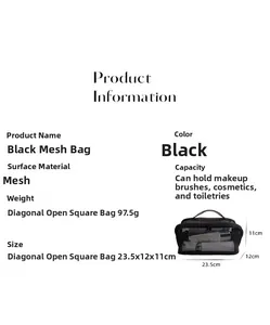 Detailed view of black mesh makeup bag dimensions 23.5x12x11cm and technical specs